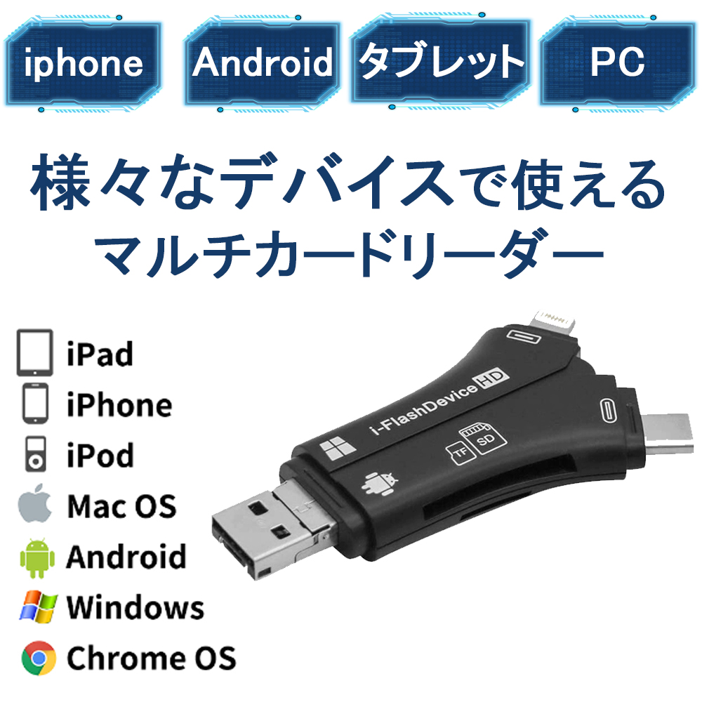 SDカードリーダー iPhone バックアップ アダプター 読み取り USBメモリ 写真 保存 スマホ データ 高速移行 スマホ  ノートパソコン カメラ カメラリーダー 音楽 4in1 容量不足解決    A-01