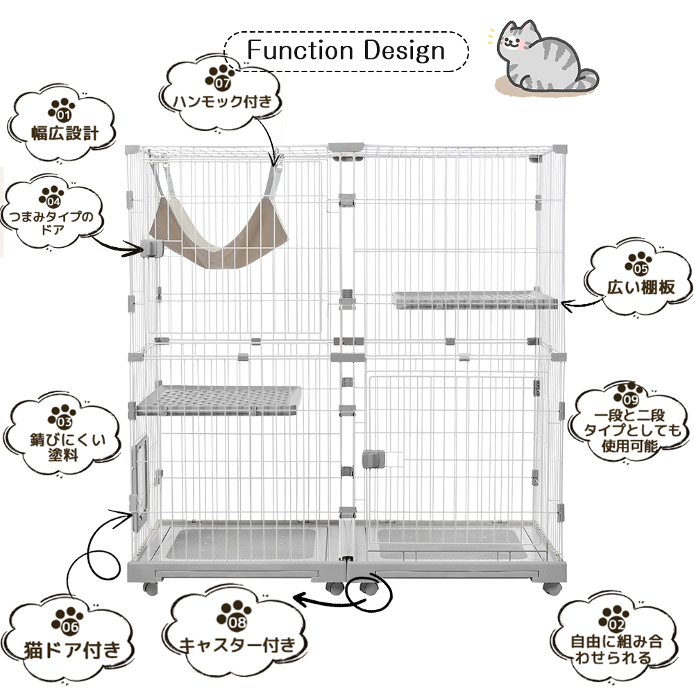 猫 ケージ キャットケージ 2段 幅広設計 自由組み合わせ 猫ドア付き ハンモック付き 大型 猫ゲージ 高級感 おしゃれ キャットハウス ネコ ハウス 多段 留守番 保護 脱走防止 多頭飼い 多頭 スチール 【ホワイト】TX309050WAA 