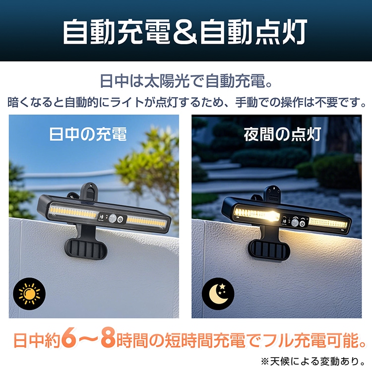 センサーライト ソーラーライト クリップ式 3モード切替 自動点灯 消灯 人感センサー 高輝度LED 最大12時間 防水 防塵 屋外 防犯ライト ガーデン 玄関 廊下 駐車場  sl109
