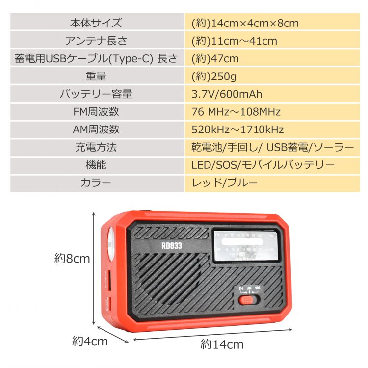 多機能防災ラジオ AM/FM対応 4WAY充電 LEDライト SOS機能 スマホ充電 モバイルバッテリー 乾電池 USB充電 手回し充電 ソーラー充電 防災グッズ 地震 台風 津波 火災 停電時 災害用   sg157