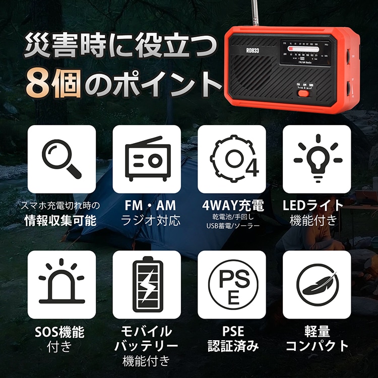 多機能防災ラジオ AM/FM対応 4WAY充電 LEDライト SOS機能 スマホ充電 モバイルバッテリー 乾電池 USB充電 手回し充電 ソーラー充電 防災グッズ 地震 台風 津波 火災 停電時 災害用   sg157