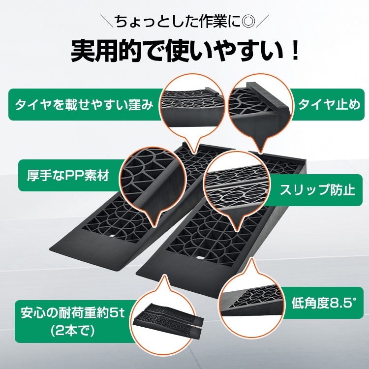 カースロープ 2個セット タイヤスロープ タイヤ止め スリップ防止 耐荷重約5t 坂の角度8.5°  ローダウン車対応 最大約62mmUP    ee362