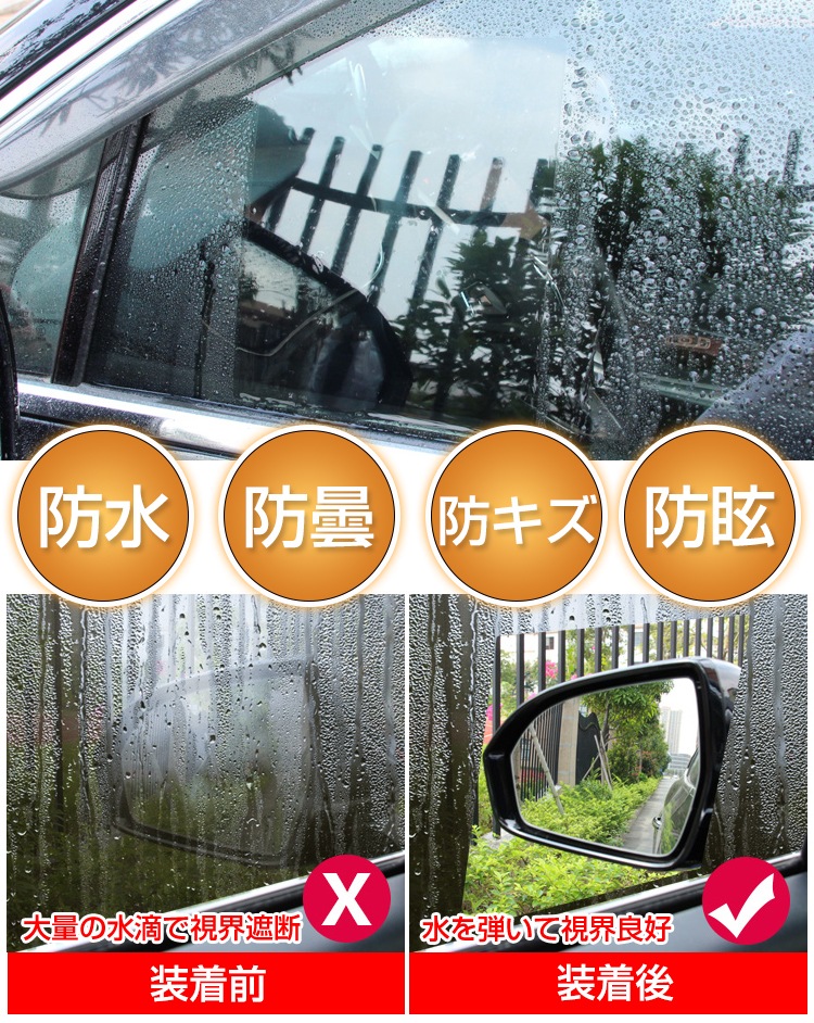 撥水フィルム サイドガラス 2枚セット 防水 防霧 防キズ 視界不良 安全運転 事故防止 雨の日  ee255