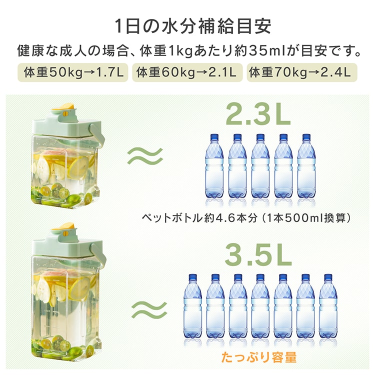ウォーターボトル ウォーターポット 2.3L 横置きOK 広口 ハンドル付き 耐熱 耐冷 洗いやすい 蛇口ロツク 漏れ防止 冷蔵可 お湯可 冷蔵庫 アウトドア 部活 スポーツ   in050-23