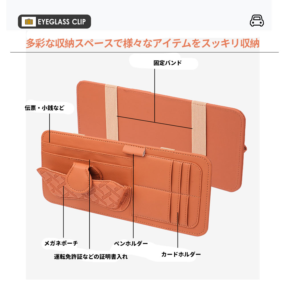 車用サンバイザーオーガナイザーキャディ、PUファッションメガネとカードペンホルダー、メガネハンガーカードクリップ収納車内バイザー用品TEMU-0537