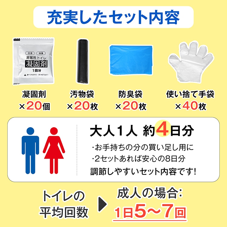 非常用トイレセット 20回分 強力な凝固剤 使い捨て手袋 汚物袋 防臭袋 大容量 抗菌 消臭効果 長期保存可能 便器がない時 緊急時 非常用 地震 台風 豪雨    bs007
