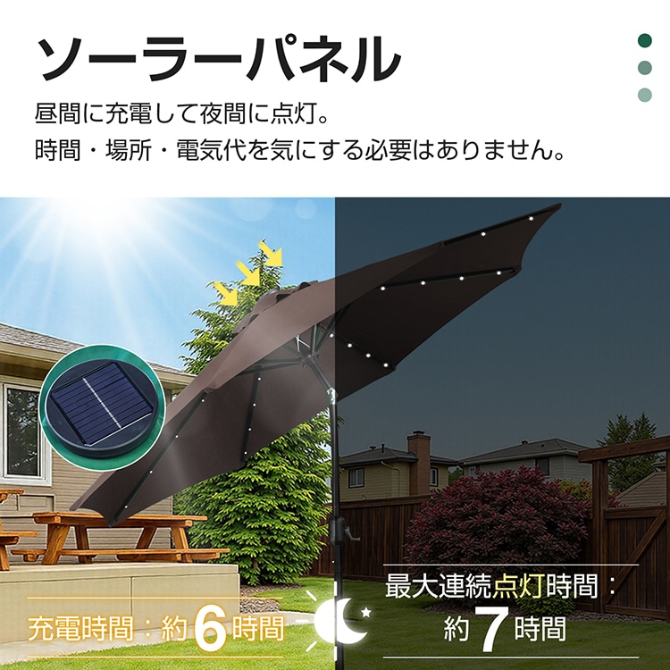 パラソル ソーラーパラソル ガーデンパラソル LEDライト付き 直径約265cm 简单開閉 角度調整可 ソーラー充電 夜に光る 防水加工 日よけ キャンプ 庭 海 カフェテラス   gd015