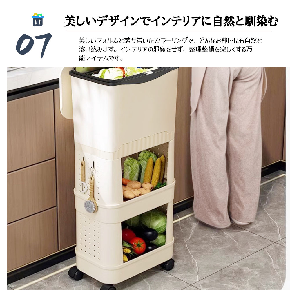 ゴミ箱 多機能 ふた付き キャスター付き 縦型 大容量 キッチンワゴン 小物入れ 省スペース スリム キッチン 洗面所 リビング  新生活 収納整理 FB-03