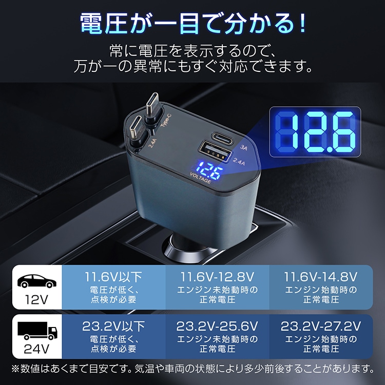 カーチャージャー Car Charger 12/24V 100W 急速充電  Type-C*2  Type-A Port*1  Type-C Port*1  LED電压测定 卷き取り式 最大4台同時充電 全車種対応 iPhone/Android対応    tkee013