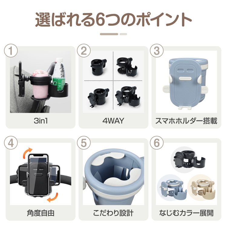 ドリンクホルダー マルチドリンクホルダー 多機能ドリンクホルダー スマホホルダー 3in1 滑りにくい 角度調整可能 クランプ式 おしゃれ 車椅子に ペットカート 車用   ee434