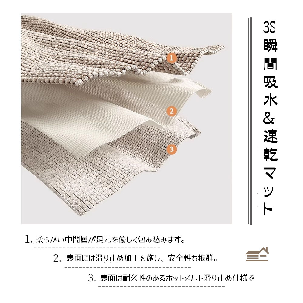 バスマット 足ふきマット マット 40*60cm 瞬間吸水 吸水 速乾 滑り止め やわらかい ふわふわ もこもこ 洗える お手入れ簡単 丸洗い可能 大きいパイル 浴室 洗面所 シャワー お風呂   VB-03