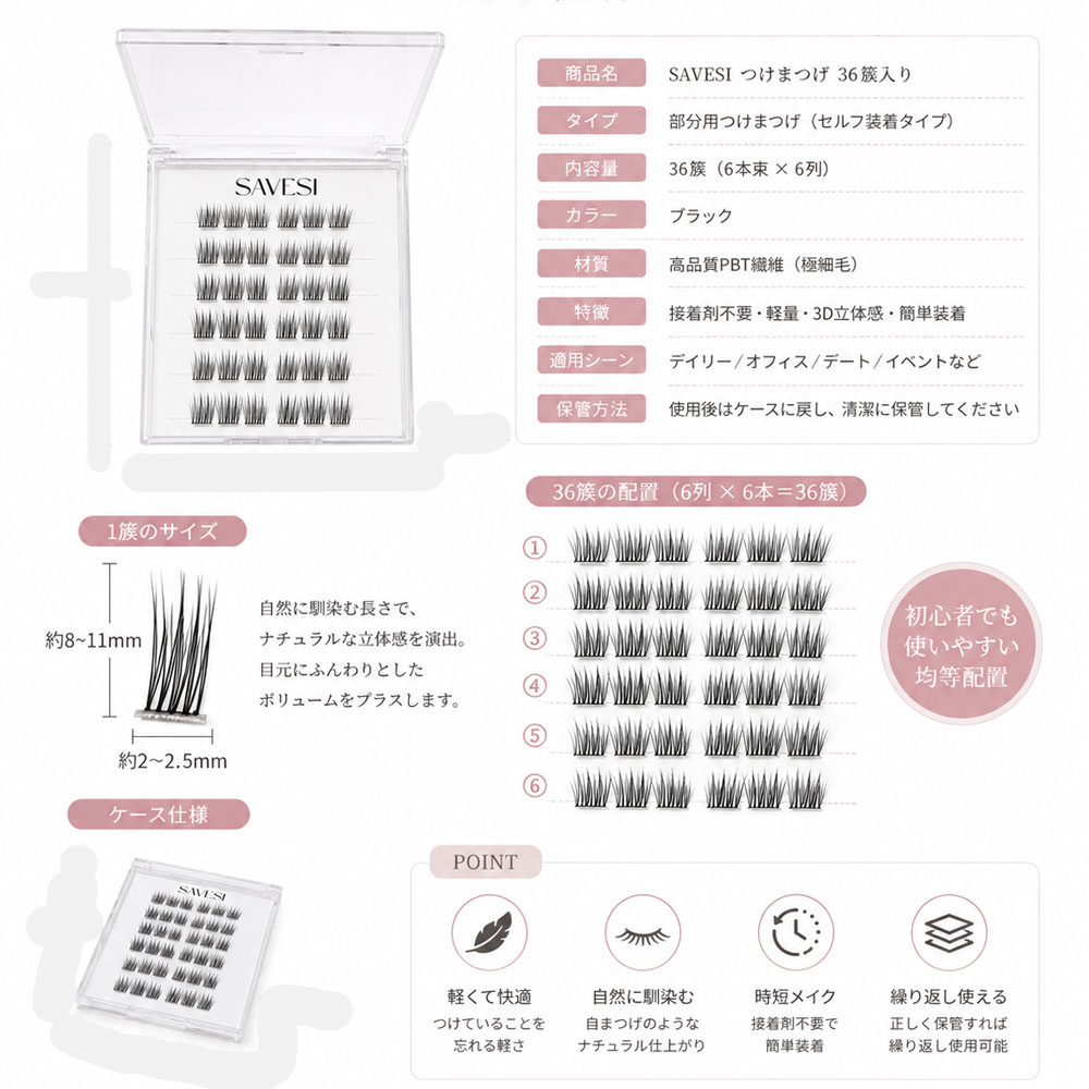 つけまつげ 部分つけまつげ 36束入り 12-16mm ナチュラル のり不要 柔らかい セグメント 長時間キープ 立体感 接着剤不要 簡単装着 繰り返し使える すっぴん風 アイメーク 日常使い デート 初心者   JJMGH-01-E