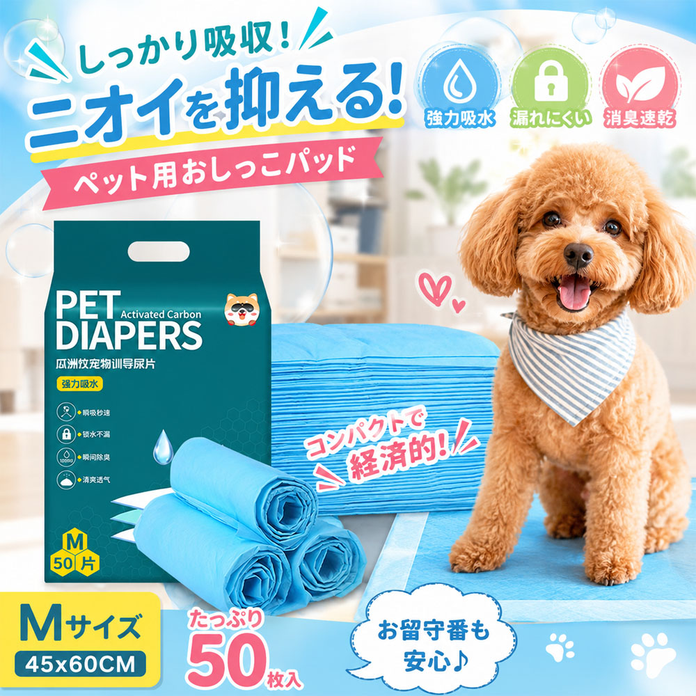 ペット用おしっこパッド 犬用トイレシート ペットシーツ 50枚入り 45×60cm 消臭 しっかり吸収 多層構造 四辺圧着 漏れにくい ニオイを抑える 活性炭 車内 お留守番 多頭飼い ペットケージ フローリング ニオイ対策 尿漏れ対策 床汚れ対策   QB-05