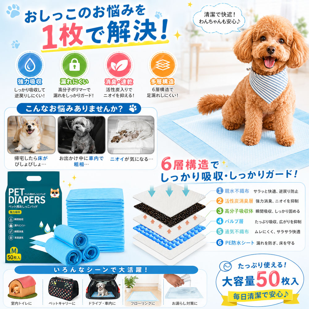 ペット用おしっこパッド 犬用トイレシート ペットシーツ 50枚入り 45×60cm 消臭 しっかり吸収 多層構造 四辺圧着 漏れにくい ニオイを抑える 活性炭 車内 お留守番 多頭飼い ペットケージ フローリング ニオイ対策 尿漏れ対策 床汚れ対策   QB-05