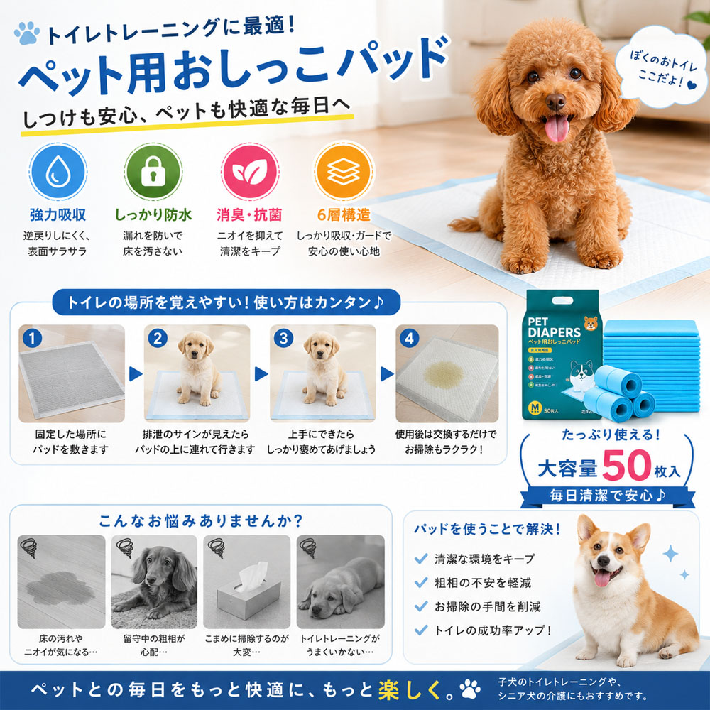 ペット用おしっこパッド 犬用トイレシート ペットシーツ 50枚入り 45×60cm 消臭 しっかり吸収 多層構造 四辺圧着 漏れにくい ニオイを抑える 活性炭 車内 お留守番 多頭飼い ペットケージ フローリング ニオイ対策 尿漏れ対策 床汚れ対策   QB-05