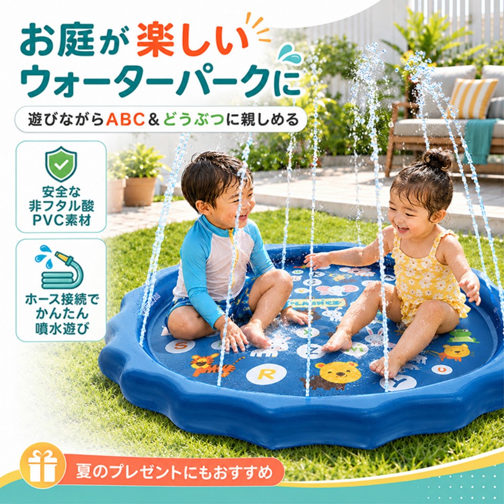 噴水マット 噴水池 噴水プール プールマット 170cm 水遊び 空気入れ不要 折りたたみ収納可能 持ち運び 子供用 アウトドア 家庭用 親子芝生遊び 夏の日 夏対策 ny499-1