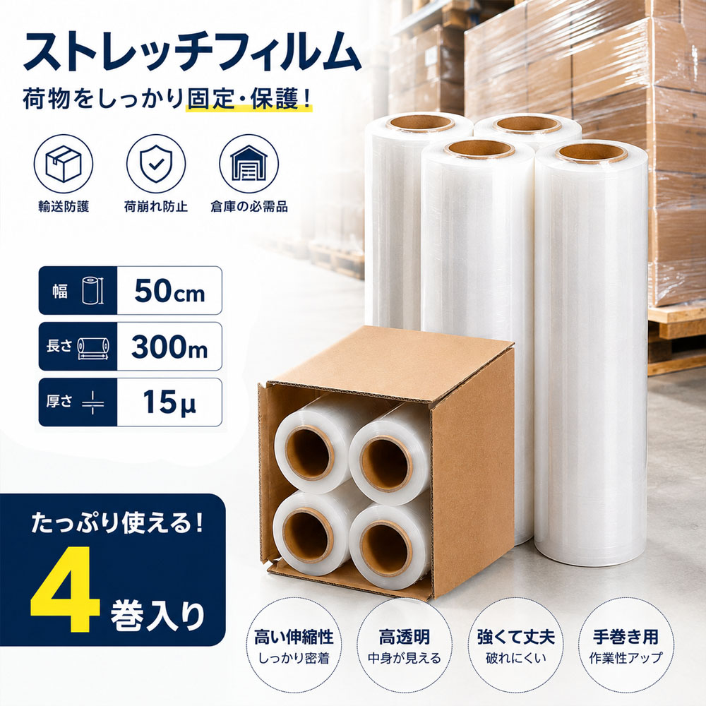 ストレッチフィルム 4巻 梱包用ラップ 幅50cm 300m 15μ 透明 伸縮性 荷崩れ防止 業務用 梱包資材 引越し パレット包装   CKHC-01