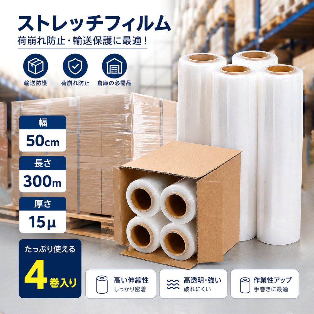 ストレッチフィルム 4巻 梱包用ラップ 幅50cm 300m 15μ 透明 伸縮性 荷崩れ防止 業務用 梱包資材 引越し パレット包装   CKHC-01