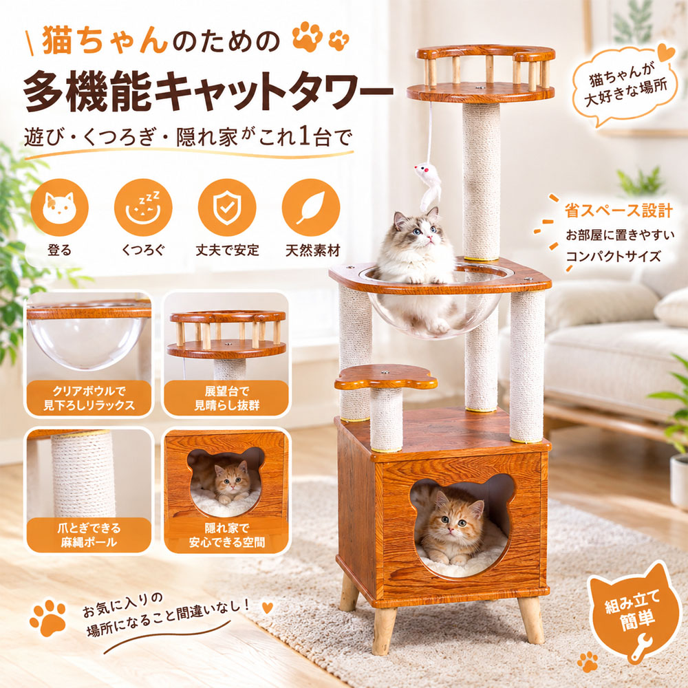 キャットタワー 多機能 猫タワー キャットハウス 猫ハウス 123cm 爪とぎ 透明カプセル 展望台 洗濯可能 サイザル麻 おもちゃ付き 組み立て簡単 省スペース くつろぐ 遊ぶ 成猫 小型猫 子猫 リビング 寝室 ワンルーム マンション   UB-05