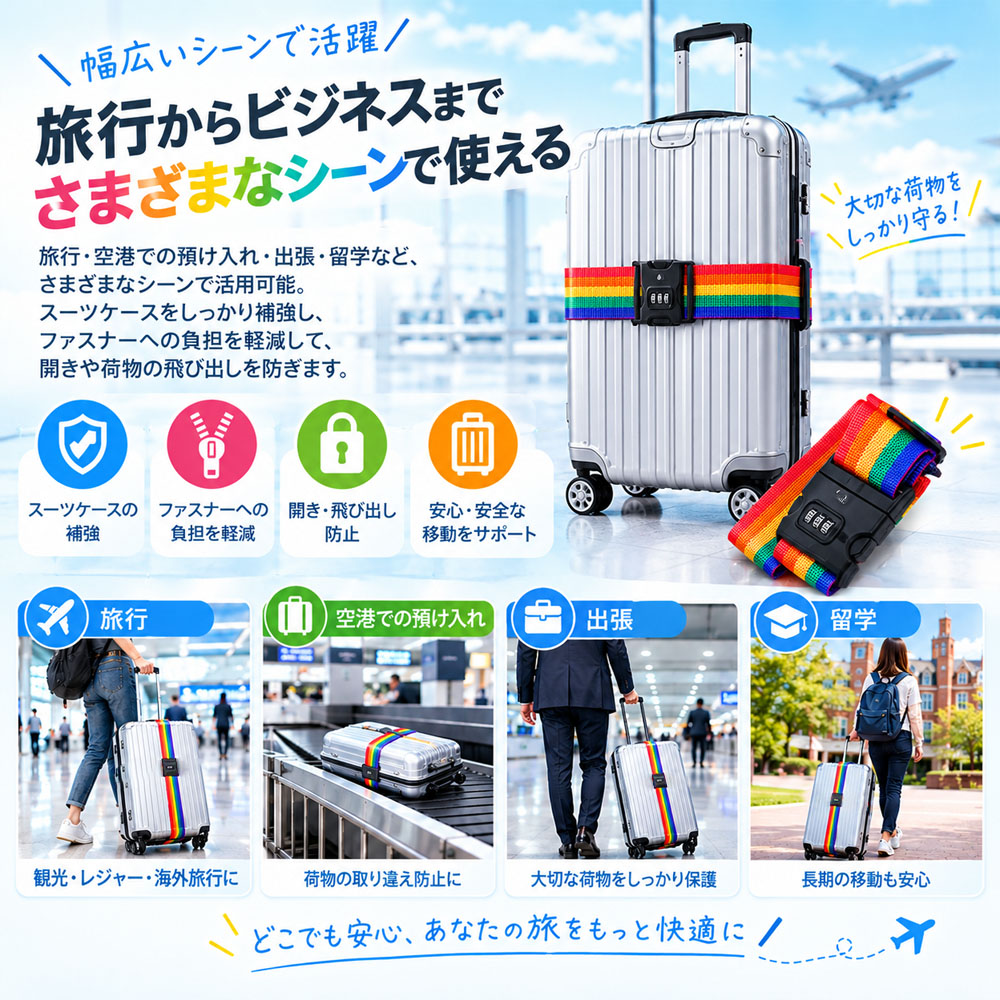 スーツケースベルト キャリーケースベルト 荷物固定ベルト レインボーカラー ダイヤルロック付き 調節可能 鍵不要 コンパクト 見つけやすい 荷物固定 開閉防止 旅行用 出張   VB-05