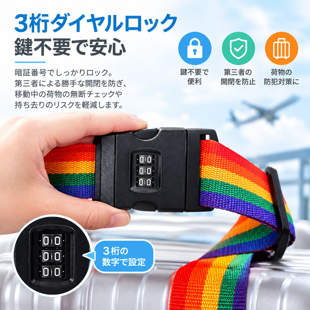 スーツケースベルト キャリーケースベルト 荷物固定ベルト レインボーカラー ダイヤルロック付き 調節可能 鍵不要 コンパクト 見つけやすい 荷物固定 開閉防止 旅行用 出張   VB-05
