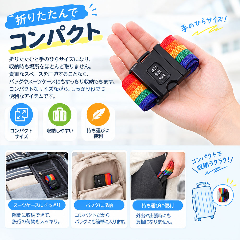 スーツケースベルト キャリーケースベルト 荷物固定ベルト レインボーカラー ダイヤルロック付き 調節可能 鍵不要 コンパクト 見つけやすい 荷物固定 開閉防止 旅行用 出張   VB-05