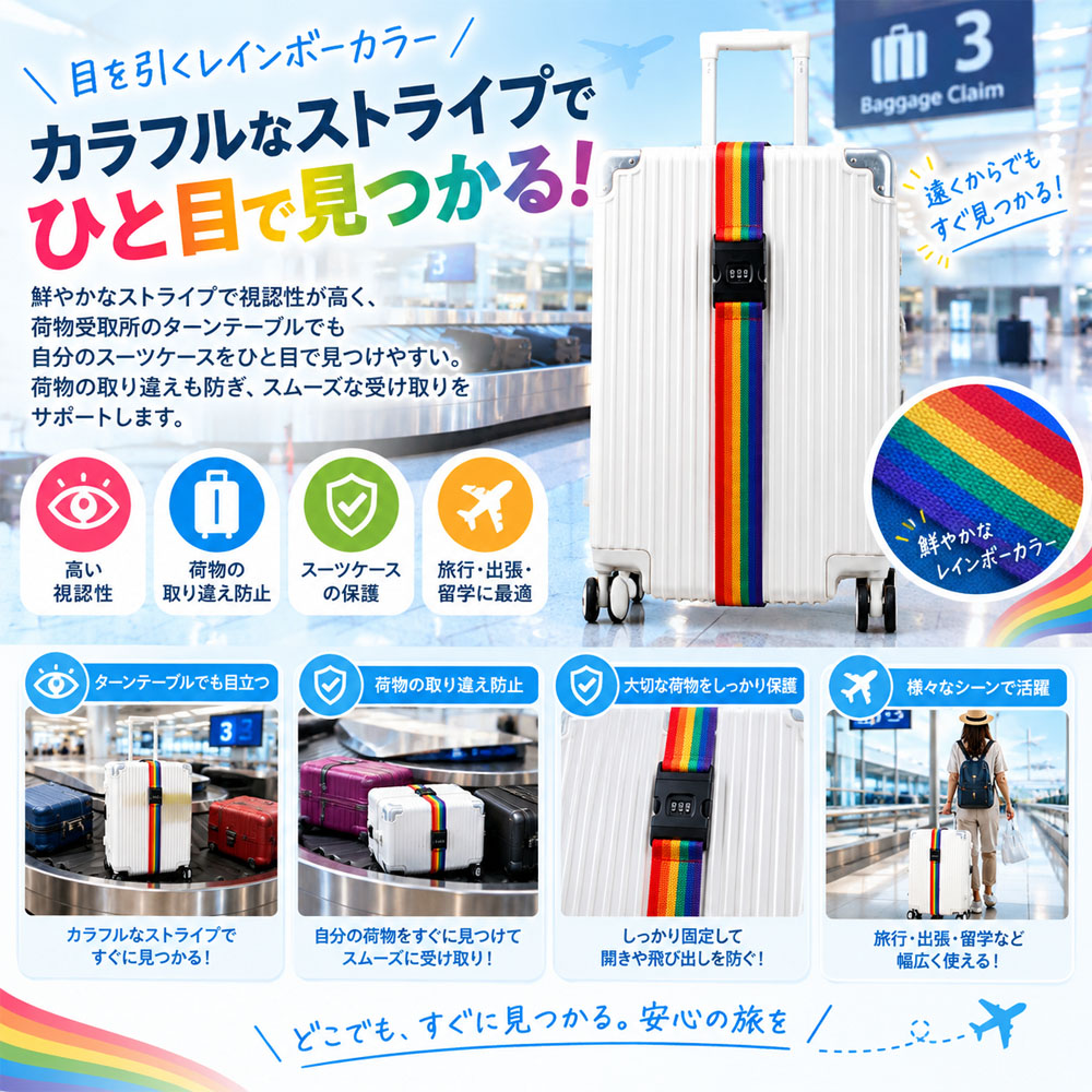 スーツケースベルト キャリーケースベルト 荷物固定ベルト レインボーカラー ダイヤルロック付き 調節可能 鍵不要 コンパクト 見つけやすい 荷物固定 開閉防止 旅行用 出張   VB-05