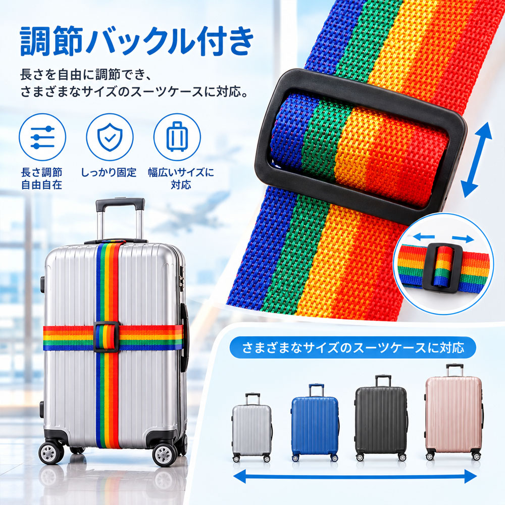 スーツケースベルト キャリーケースベルト 荷物固定ベルト レインボーカラー ダイヤルロック付き 調節可能 鍵不要 コンパクト 見つけやすい 荷物固定 開閉防止 旅行用 出張   VB-05