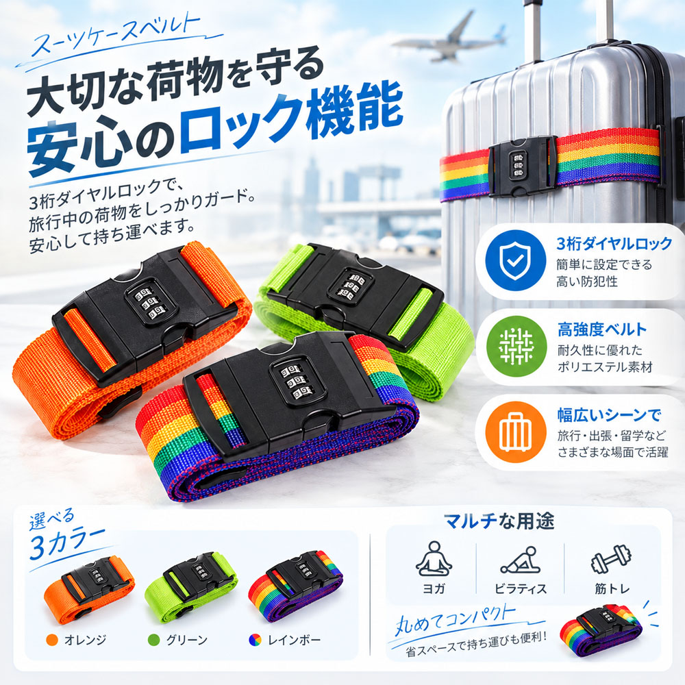 スーツケースベルト キャリーケースベルト 荷物固定ベルト レインボーカラー ダイヤルロック付き 調節可能 鍵不要 コンパクト 見つけやすい 荷物固定 開閉防止 旅行用 出張   VB-05