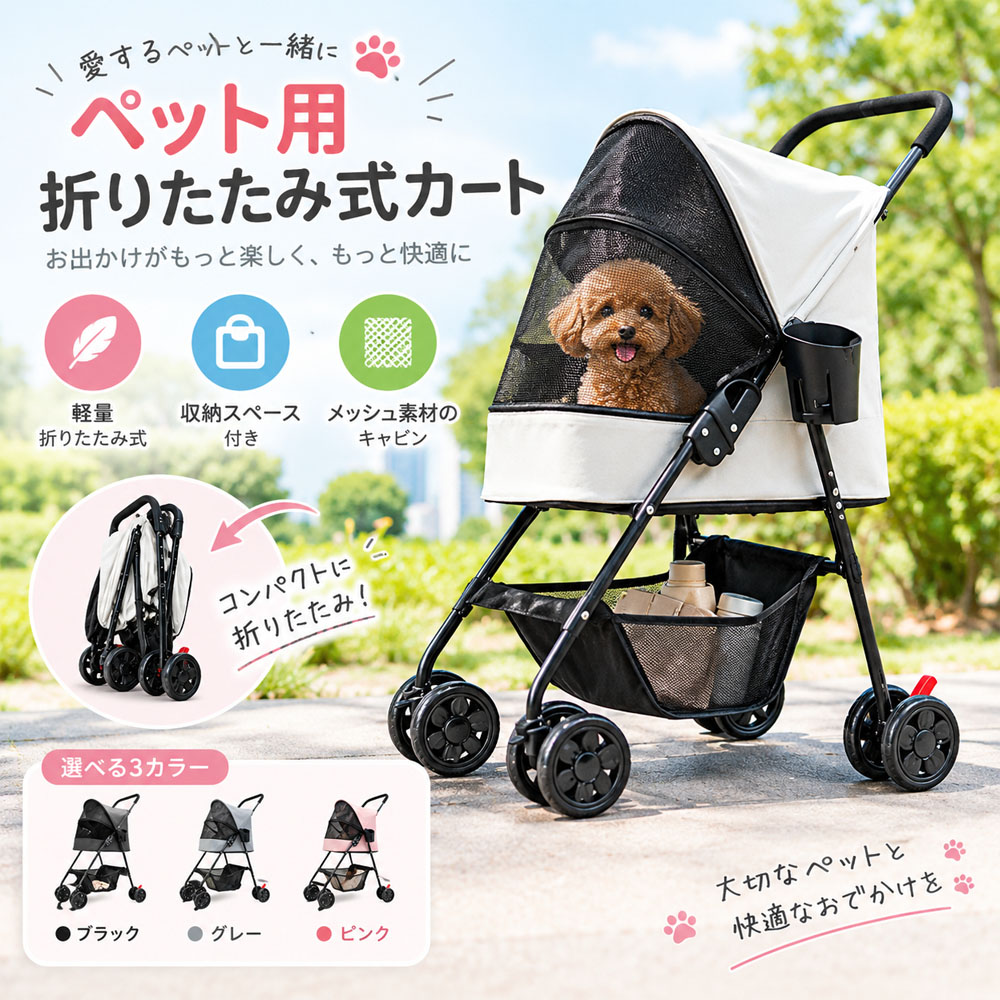 ペットカート 折りたたみ ペット用カート 犬用 猫用 軽量 ワンタッチ 4輪 メッシュキャビン  脱出防止リード ドリンクホルダー  高さ53cm コンパクト収納 散歩 通院 ドライブ ショッピング キャンプ 公園    XB-05