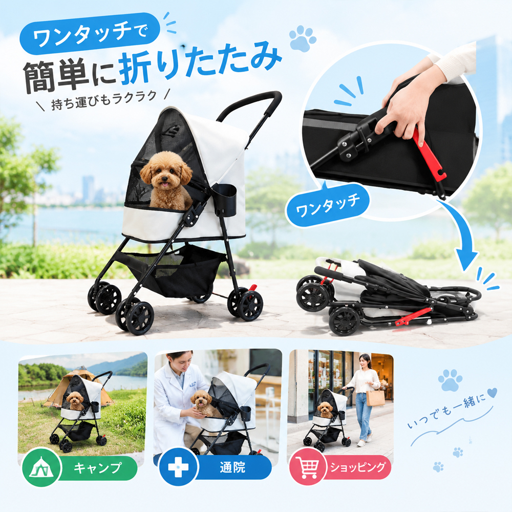 ペットカート 折りたたみ ペット用カート 犬用 猫用 軽量 ワンタッチ 4輪 メッシュキャビン  脱出防止リード ドリンクホルダー  高さ53cm コンパクト収納 散歩 通院 ドライブ ショッピング キャンプ 公園    XB-05