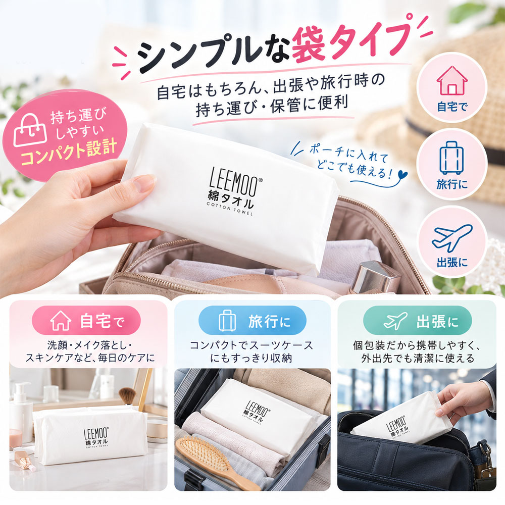 洗顔タオル 使い捨てタオル 綿タオル コットンタオル 個包装 袋タイプ やさしい肌触り 低刺激 柔らかい 吸水性 コンパクト 綿素材 天然コットン 洗顔 メイク落とし 顔拭き スキンケア 自宅 旅行 出張   CKHC-08