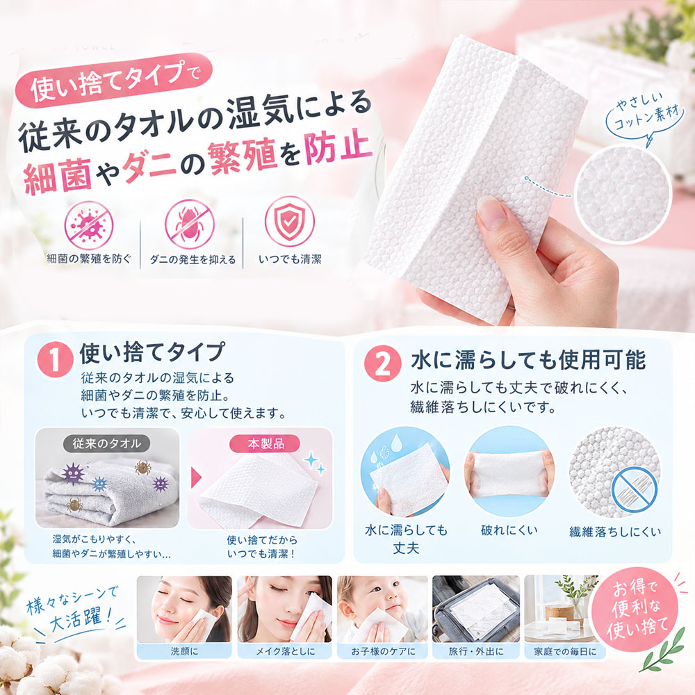洗顔タオル 使い捨てタオル 綿タオル コットンタオル 個包装 袋タイプ やさしい肌触り 低刺激 柔らかい 吸水性 コンパクト 綿素材 天然コットン 洗顔 メイク落とし 顔拭き スキンケア 自宅 旅行 出張   CKHC-08