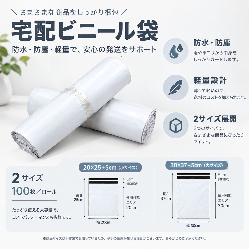 宅配ビニール袋 梱包袋 発送用ビニール袋 宅配袋 100枚入り2サイズ展開  防水 防塵 PEフィルム 高品質PE 軽量 高引張強度 耐突き刺し性 柔軟素材 ホットメルト粘着テープ 不正開封防止 破壊式開封防止 ロール式 連続ロール EC発送 小物梱包 梱包資材   CKHC-06