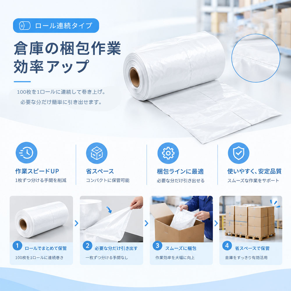 宅配ビニール袋 梱包袋 発送用ビニール袋 宅配袋 100枚入り2サイズ展開  防水 防塵 PEフィルム 高品質PE 軽量 高引張強度 耐突き刺し性 柔軟素材 ホットメルト粘着テープ 不正開封防止 破壊式開封防止 ロール式 連続ロール EC発送 小物梱包 梱包資材   CKHC-06