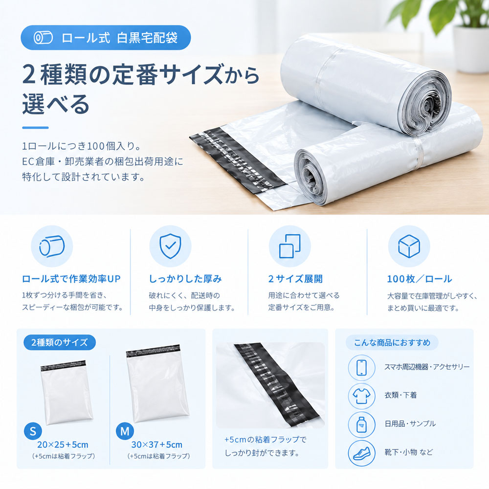 宅配ビニール袋 梱包袋 発送用ビニール袋 宅配袋 100枚入り2サイズ展開  防水 防塵 PEフィルム 高品質PE 軽量 高引張強度 耐突き刺し性 柔軟素材 ホットメルト粘着テープ 不正開封防止 破壊式開封防止 ロール式 連続ロール EC発送 小物梱包 梱包資材   CKHC-06