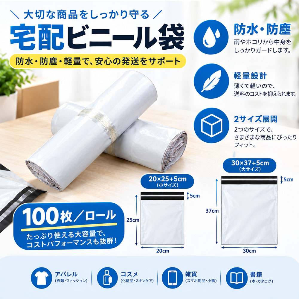 宅配ビニール袋 梱包袋 発送用ビニール袋 宅配袋 100枚入り2サイズ展開  防水 防塵 PEフィルム 高品質PE 軽量 高引張強度 耐突き刺し性 柔軟素材 ホットメルト粘着テープ 不正開封防止 破壊式開封防止 ロール式 連続ロール EC発送 小物梱包 梱包資材   CKHC-06