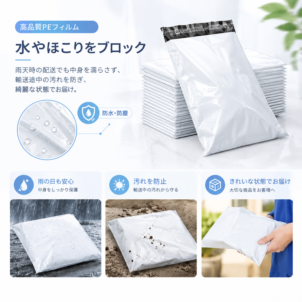 宅配ビニール袋 梱包袋 発送用ビニール袋 宅配袋 100枚入り2サイズ展開  防水 防塵 PEフィルム 高品質PE 軽量 高引張強度 耐突き刺し性 柔軟素材 ホットメルト粘着テープ 不正開封防止 破壊式開封防止 ロール式 連続ロール EC発送 小物梱包 梱包資材   CKHC-06