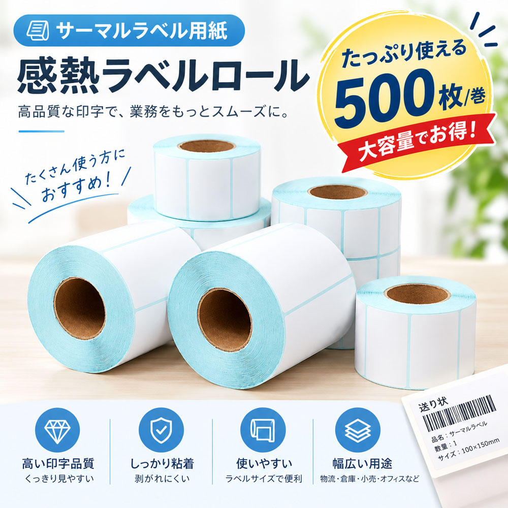 サーマルラベル用紙 感熱ラベルロール 感熱紙 500枚/巻 配送ラベル ラベル用紙 鮮明な印字 高い粘着力 剥がれにくい 耐水 耐油 擦れに強い 強粘着 糊残りが少ない 100×100mm 100×150mm 物流 倉庫 出荷作業 オフィス   CKHC-04