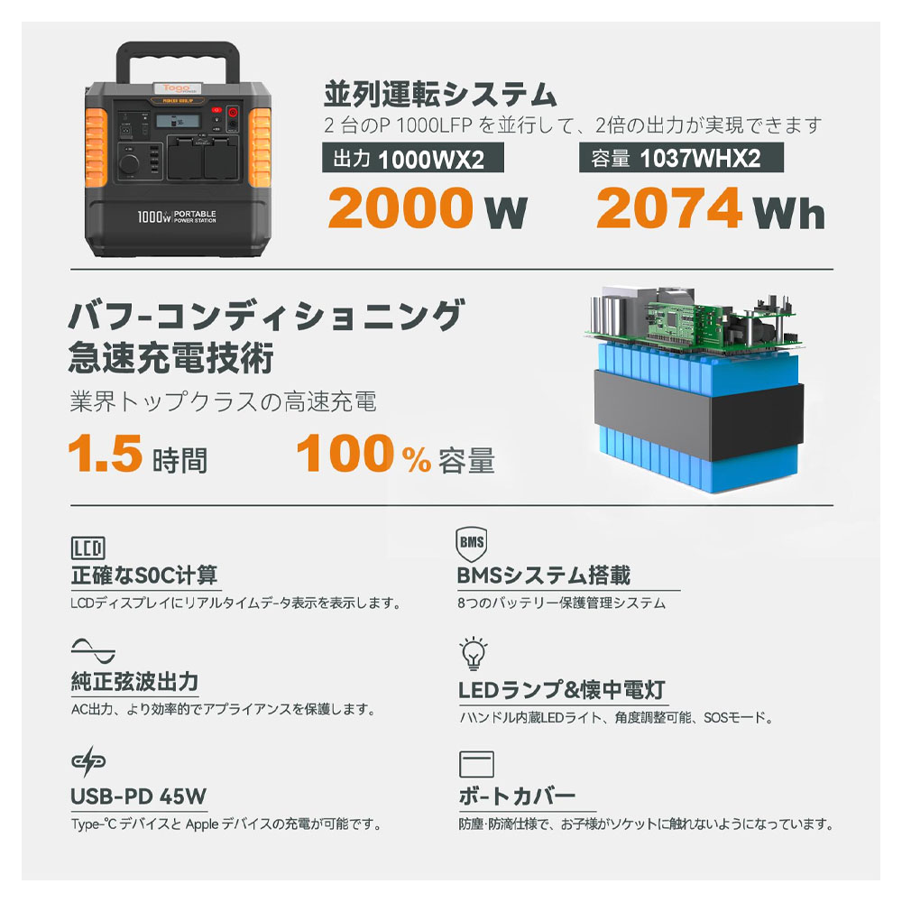 BALDR ポータブル電源 27000mAh/1037Wh 1000LFP-Plus  軽量 非常用電源 6倍超長寿命 蓄電池  純正弦波ポータブルバッテリー パススルー機能 PSE認証済 純正弦波 AC1000W 10年耐久性 PSE認証   RK1004