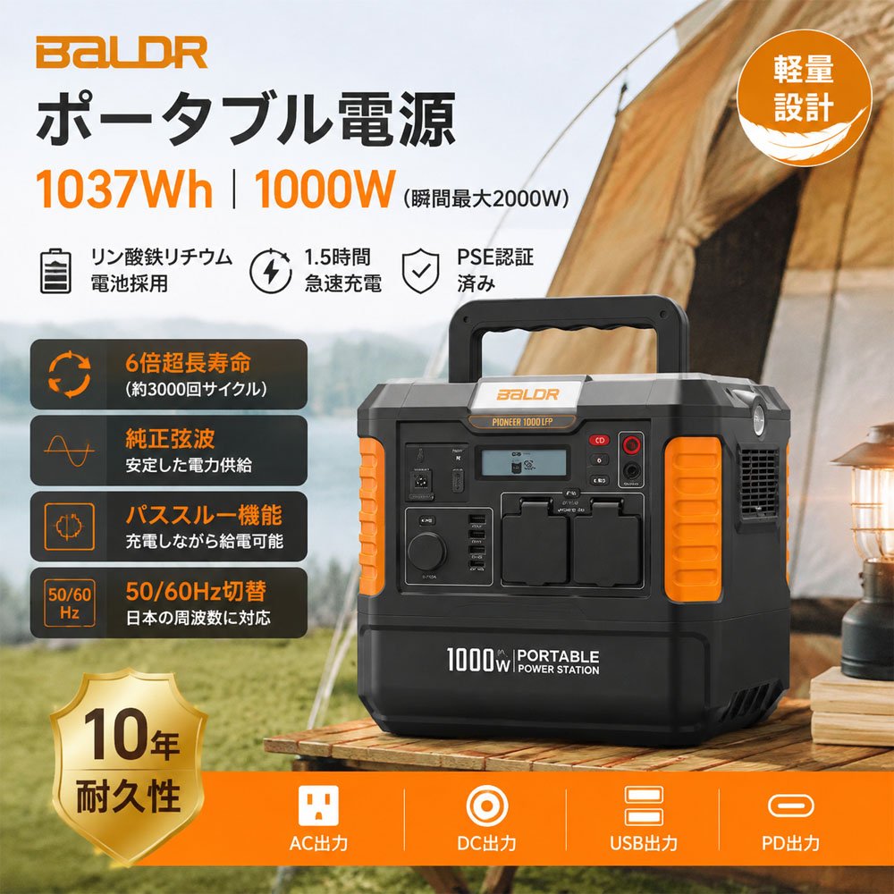 BALDR ポータブル電源 27000mAh/1037Wh 1000LFP-Plus  軽量 非常用電源 6倍超長寿命 蓄電池  純正弦波ポータブルバッテリー パススルー機能 PSE認証済 純正弦波 AC1000W 10年耐久性 PSE認証   RK1004
