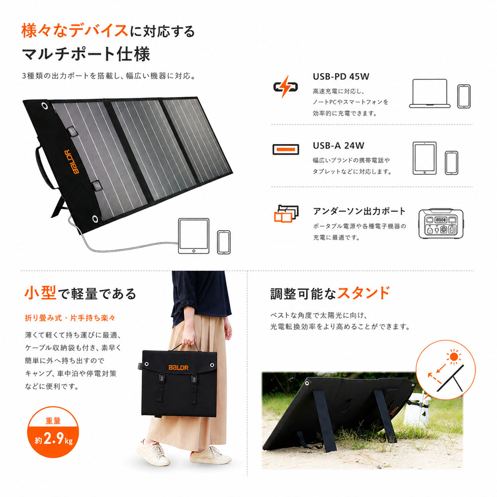 BALDR ソーラーパネル 60W ソーラーチャージャー ポータブルソーラーパネル 折りたたみ式 USB充電 スマホ タブレット ポータブル電源 太陽光発電 防災 停電対策 地震対策 節電グッズ 車中泊 キャンプ アウトドア 災害対策   RK1005-1