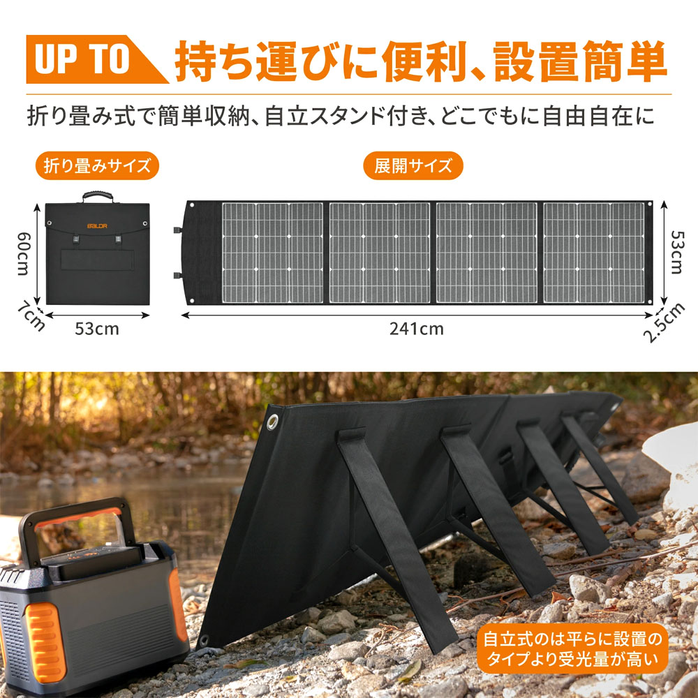 BALDR PIONEER 200W ソーラーパネル 太陽光パネル 折りたたみ式 ソーラーチャージャー 単結晶 ETFE 高変換効率 高出力 ポータブル電源用 DC USB Type-C 急速充電 キャンプ 車中泊 防災 停電対策 非常用電源   RK1007-1
