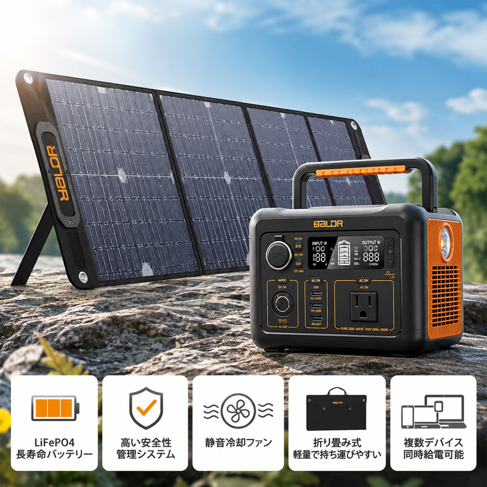 BALDR PIONEER 200W ソーラーパネル 太陽光パネル 折りたたみ式 ソーラーチャージャー 単結晶 ETFE 高変換効率 高出力 ポータブル電源用 DC USB Type-C 急速充電 キャンプ 車中泊 防災 停電対策 非常用電源   RK1007-1