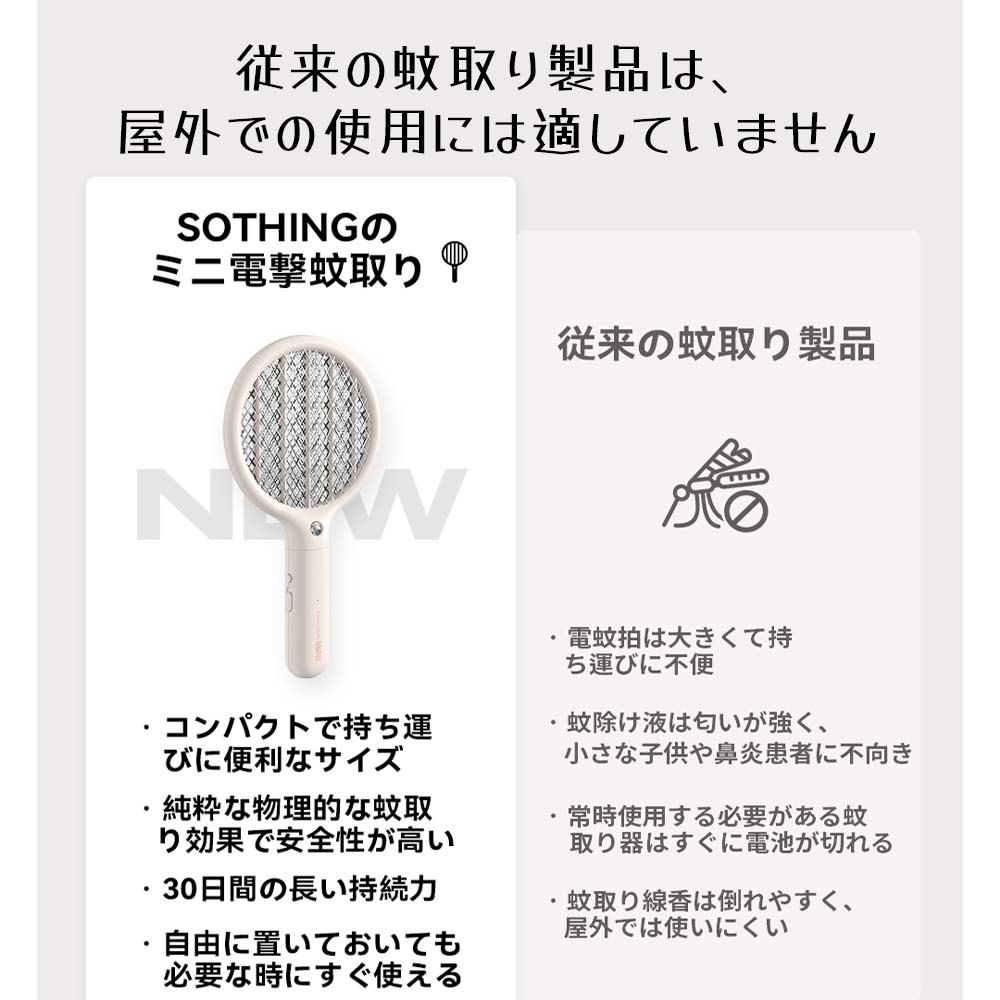 SOTHINGポータブル蚊取りラケット-mini 電撃殺虫ラケット ミニ  蚊取り 捕虫器 USB充電式 3層安全ネット  DSHJ-S-1914-JP