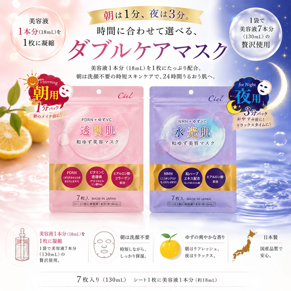 美容マスク 朝用 夜用 14枚セット 各7枚 朝夜ケアマスク うるおい ツヤ肌 透明感 美容液たっぷり 集中保湿 ゆずVC ビタミンC誘導体配合 ヒアルロン酸 スキンケア やさしい香り  Ciel-2