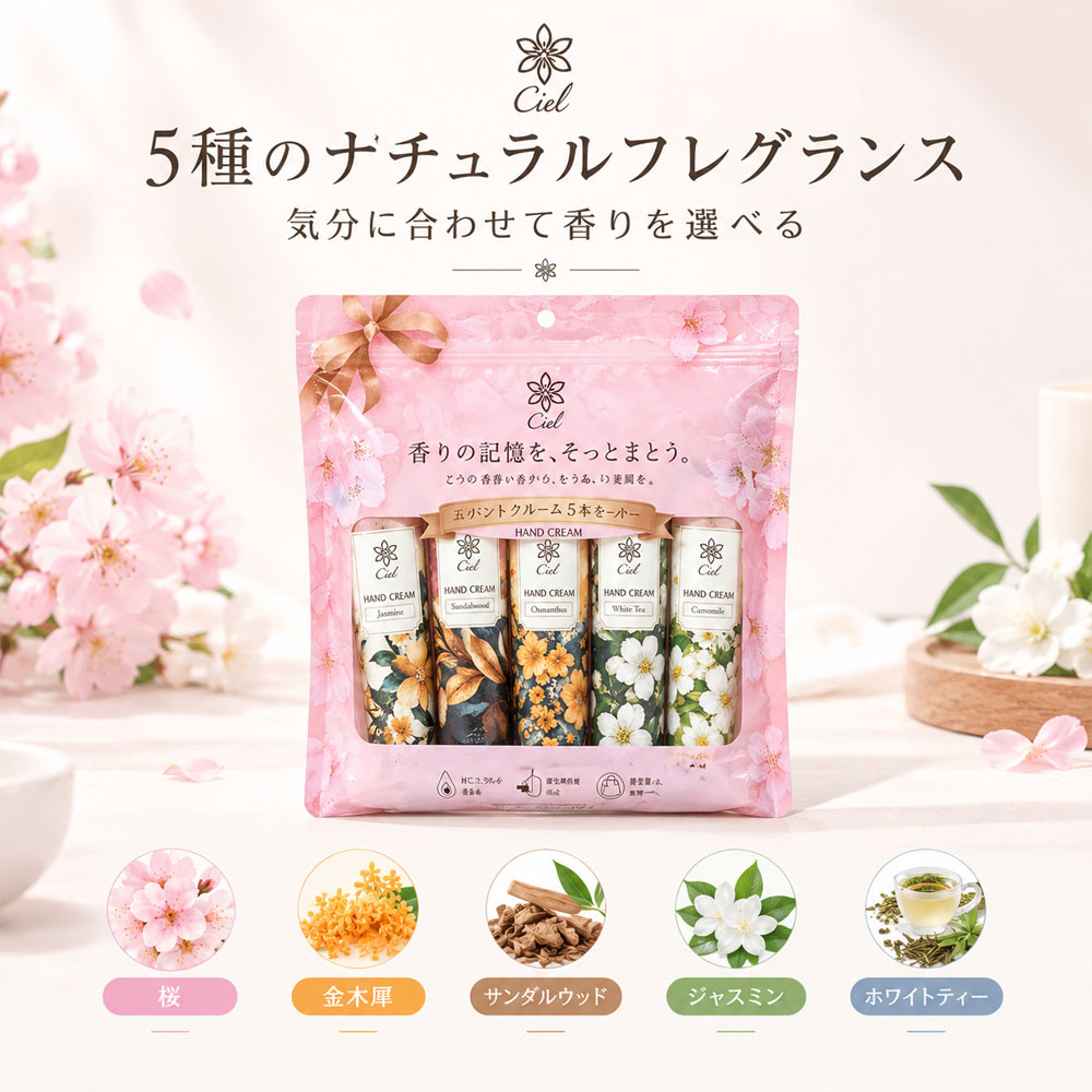 ハンドクリーム 5本セット ハンドクリームセット 5種類の香り 30g ミニハンドクリーム 香り付き 保湿 ベタつかない さらさら ハンドケア  手荒れケア いい香り ワセリン配合 ミネラルオイル 桜 金木犀 サンダルウッド ジャスミン ホワイトティー ハンドケア 手肌保湿 乾燥対策 携帯用 ギフト プレゼント 贈り物 母の日  Ciel-9-A