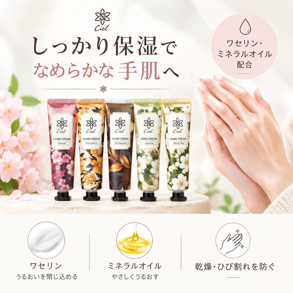 ハンドクリーム 5本セット ハンドクリームセット 5種類の香り 30g ミニハンドクリーム 香り付き 保湿 ベタつかない さらさら ハンドケア  手荒れケア いい香り ワセリン配合 ミネラルオイル 桜 金木犀 サンダルウッド ジャスミン ホワイトティー ハンドケア 手肌保湿 乾燥対策 携帯用 ギフト プレゼント 贈り物 母の日  Ciel-9-A