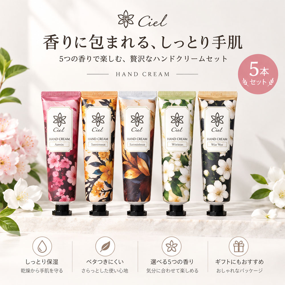 ハンドクリーム 5本セット ハンドクリームセット 5種類の香り 30g ミニハンドクリーム 香り付き 保湿 ベタつかない さらさら ハンドケア  手荒れケア いい香り ワセリン配合 ミネラルオイル 桜 金木犀 サンダルウッド ジャスミン ホワイトティー ハンドケア 手肌保湿 乾燥対策 携帯用 ギフト プレゼント 贈り物 母の日  Ciel-9-A