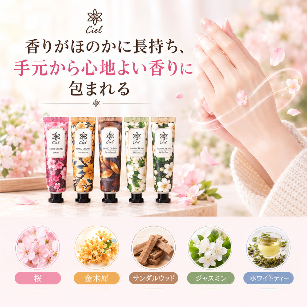 ハンドクリーム 5本セット ハンドクリームセット 5種類の香り 30g ミニハンドクリーム 香り付き 保湿 ベタつかない さらさら ハンドケア  手荒れケア いい香り ワセリン配合 ミネラルオイル 桜 金木犀 サンダルウッド ジャスミン ホワイトティー ハンドケア 手肌保湿 乾燥対策 携帯用 ギフト プレゼント 贈り物 母の日  Ciel-9-A